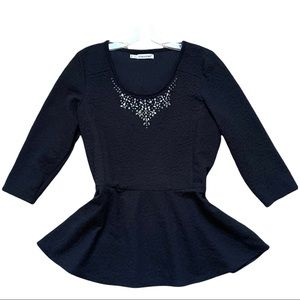MAURICES Black Leopard Jeweled Peplum Holiday Top 3/4 Sleeves Plus Size 0 0X XL